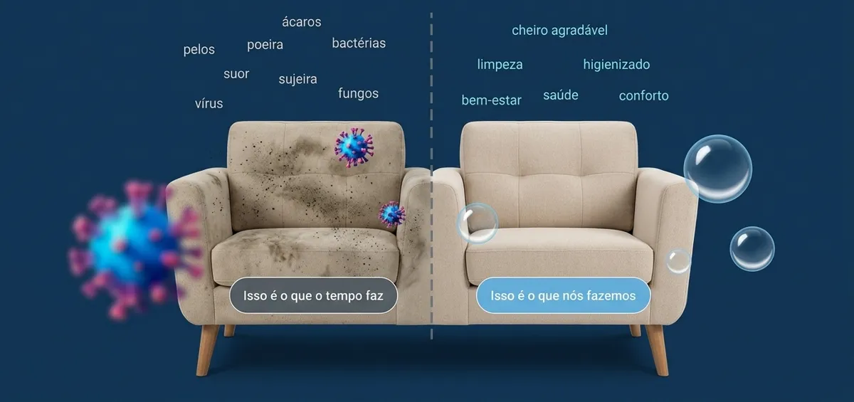 Comparação de cadeiras e poltronas: lado com ácaros, poeira e bactérias e lado limpo, higienizado e com cheiro agradável
