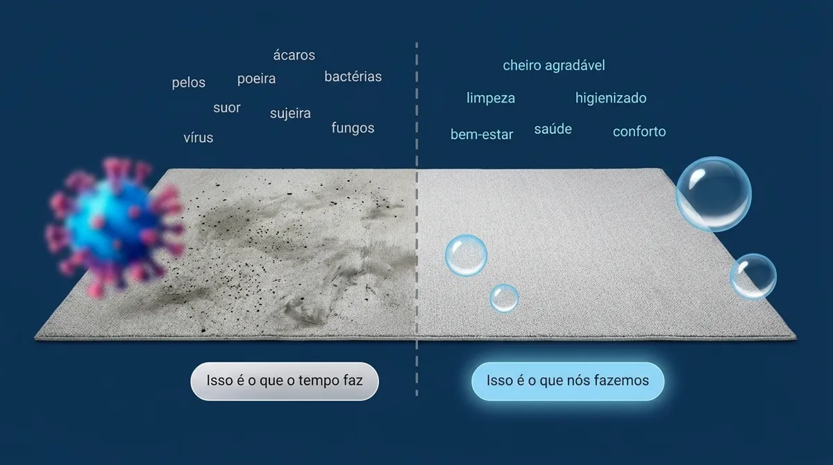 Comparação de carpetes: lado com ácaros, poeira e bactérias e lado limpo, higienizado e com cheiro agradável