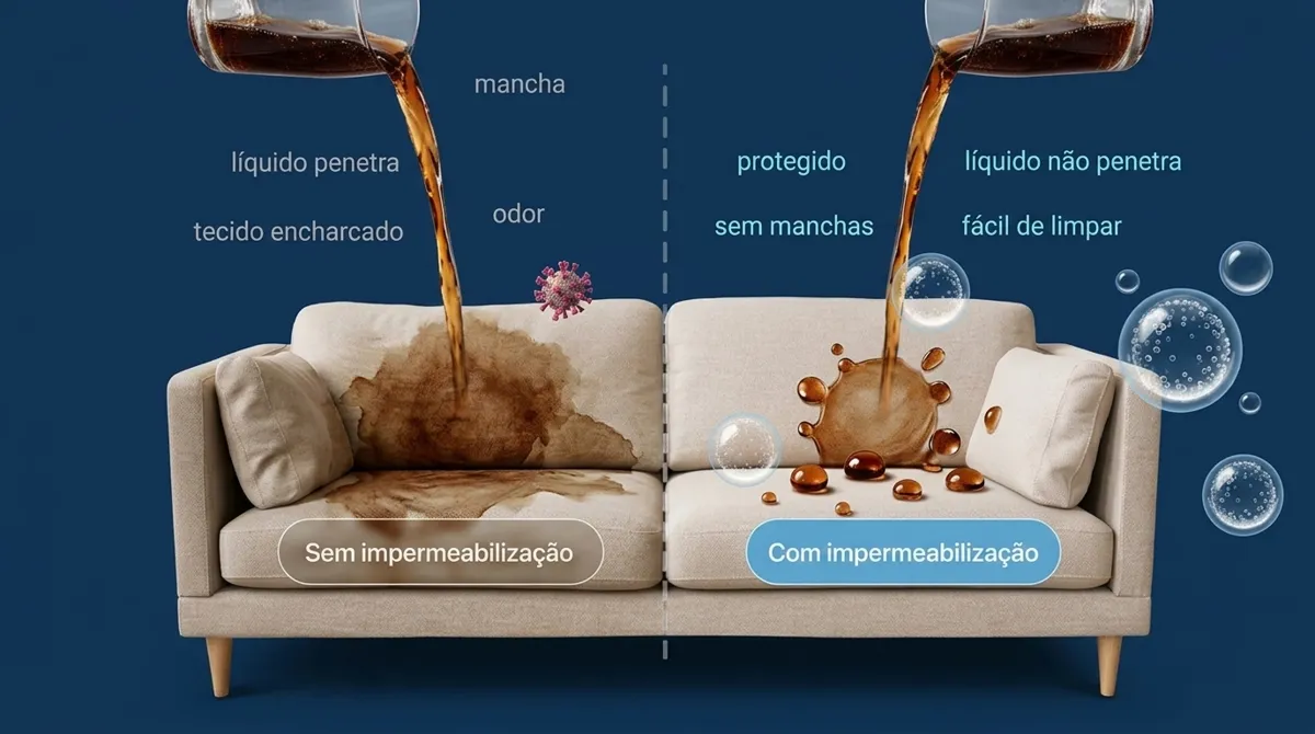 Comparação de impermeabilização: lado com ácaros, poeira e bactérias e lado limpo, higienizado e com cheiro agradável